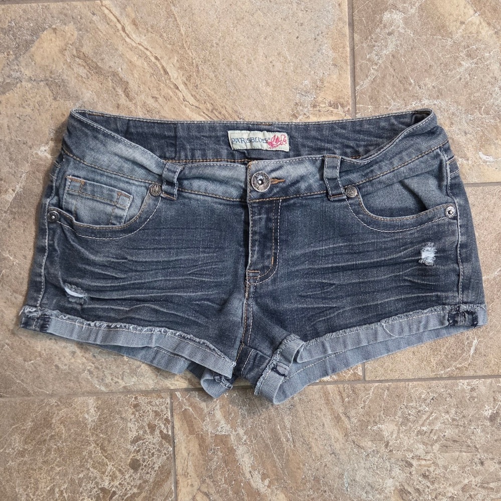 Vtg Paris Blues Womens Low Rise Denim Shorts Dark Wash Distressed Size 7 Y2K